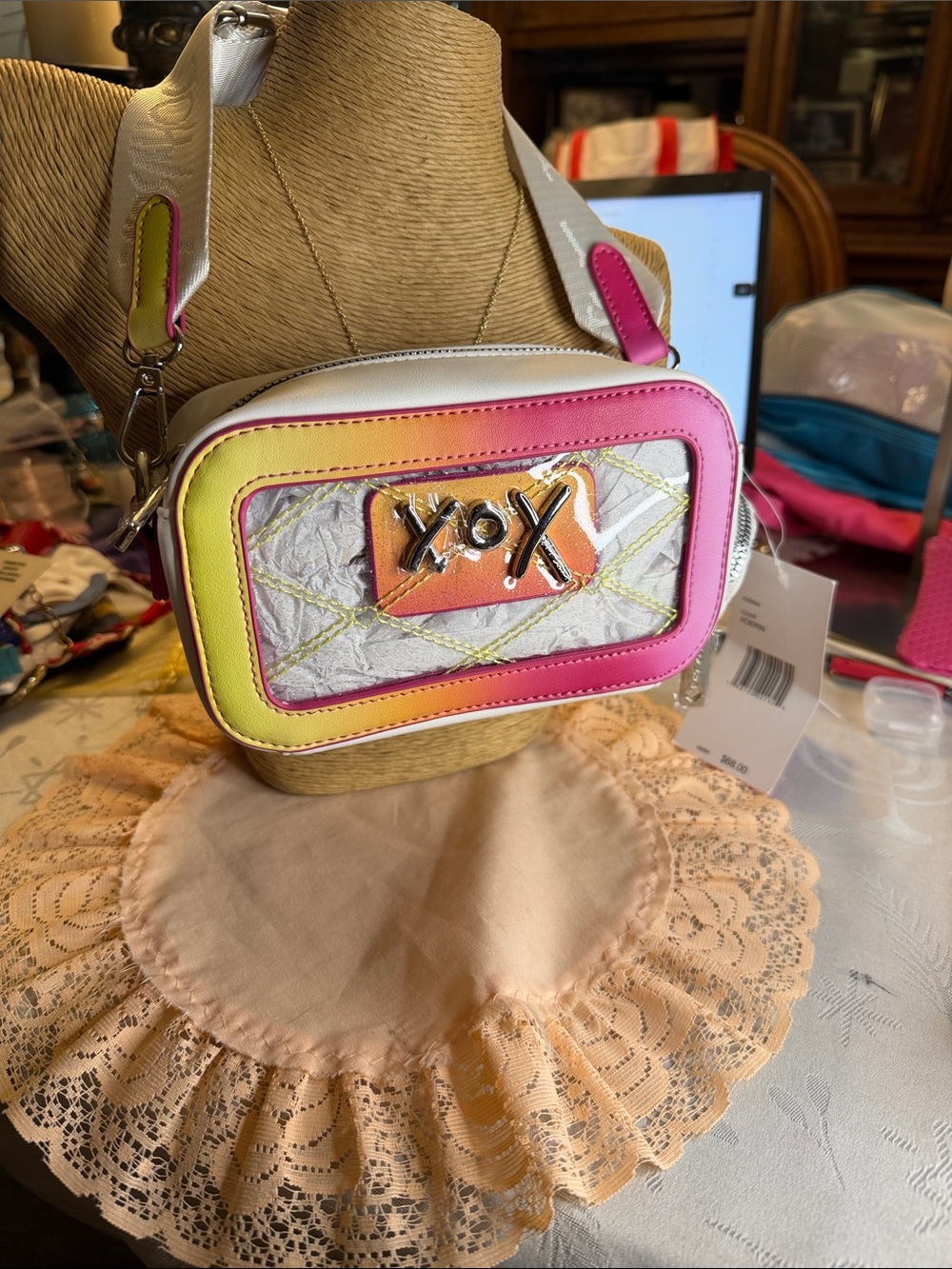 Betsey Johnson White Crossbody with Pink and Yellow Gradient Trim